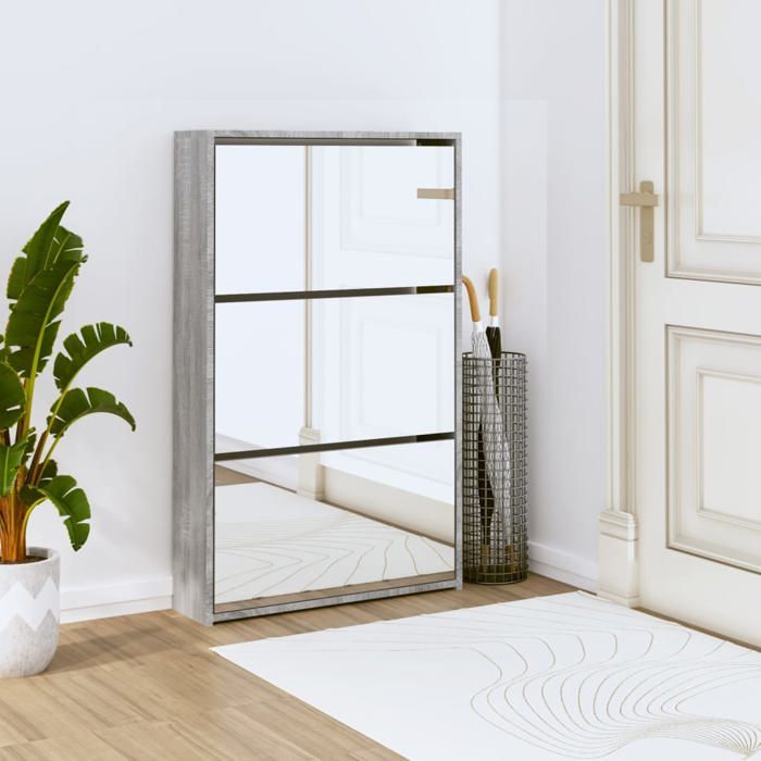 Armoire à chaussures - SWEETY - Meuble à chaussures - miroir 3 niveaux Sonoma gris 63x17x1025cm m894
