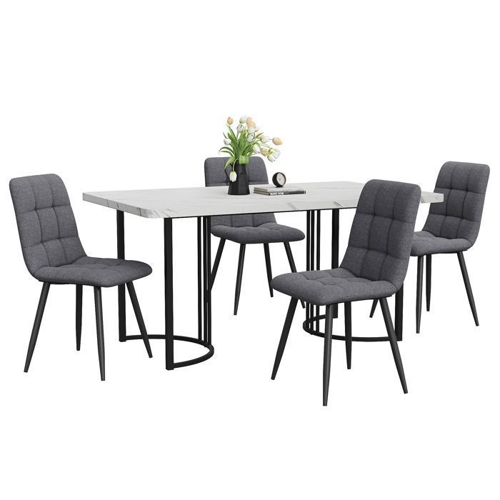 Ensemble De Table À Manger (5 Pièces)Ensemble De Table À Manger Avec 4 Chaises En Lin Gris Foncé MDF Pieds En Métal