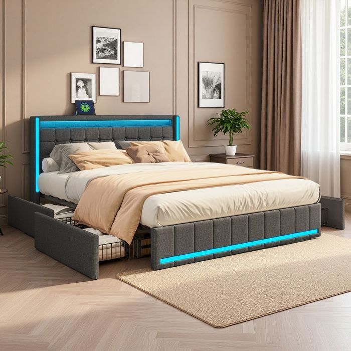Lit 140x200 cm - COZY - Gris anthracite - LED intégrée - Tiroirs de rangement - Confort optimal Lit 140x200 cm - COZY - Gris anthracite - LED intégrée - Tiroirs de rangement - Confort optimal