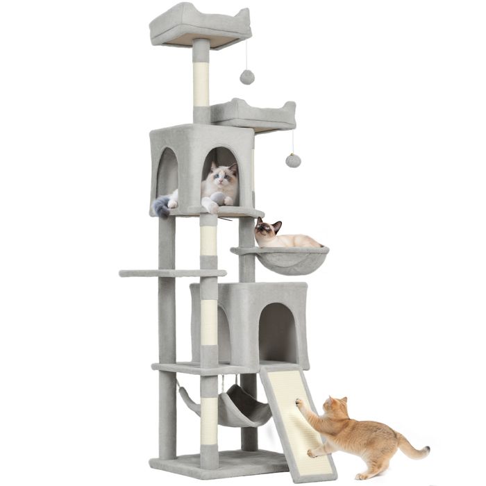 Meilleurs prix pour Arbre à chat - tour de jeux pour chat - PawHut - 3 platesformes 2 niches 2 lits 2 hamacs 1 échelle - hauteur 177 cm - gris