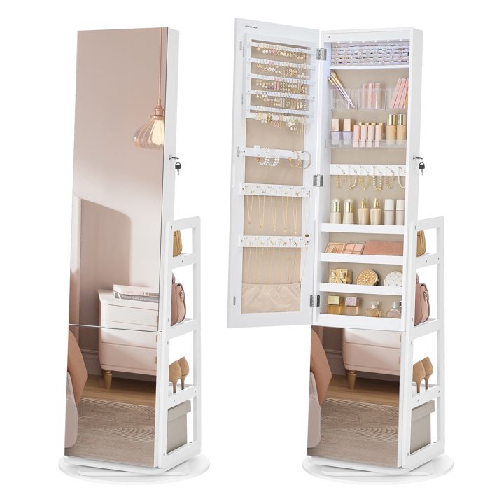 Armoire à bijoux - Miroir intégral - Éclairage intégré - Rotation 360° - Blanc nuage