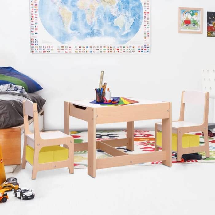 Table Enfants - vidaXL - MDF - Brun - Tableau Noir/Blanc - 2 Chaises