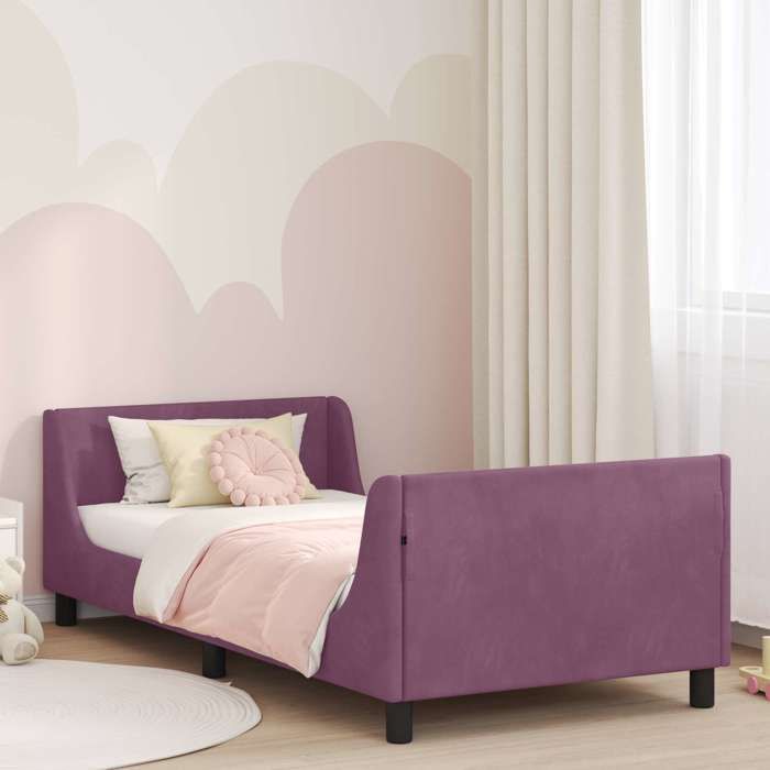 Lit enfant avec tête de lit - UU - Violet - Velours - 80x200 cm - Bois dingénierie - Cadre à lattes