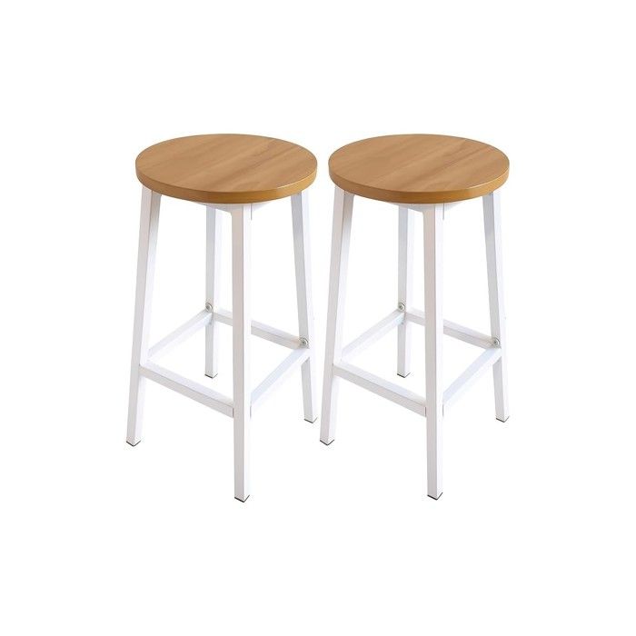 Lot de 2 Tabourets de Bar - Box and Beyond - 32 x 32x 65 cm - Bois et Métal Blanc - Sans Dossier - Repose-Pieds