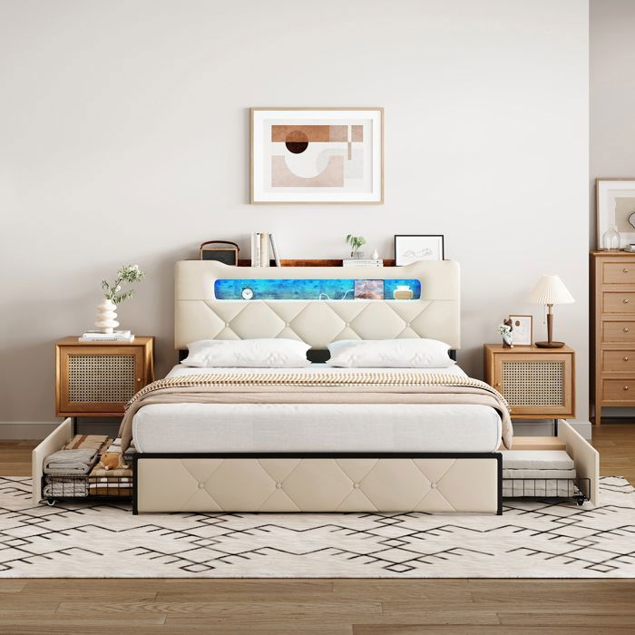 ADWOLT Lit adulte 160x200 cm LED Port USB Type-C 4 tiroir tissu en velours cadre de lit 160x200 cm Beige