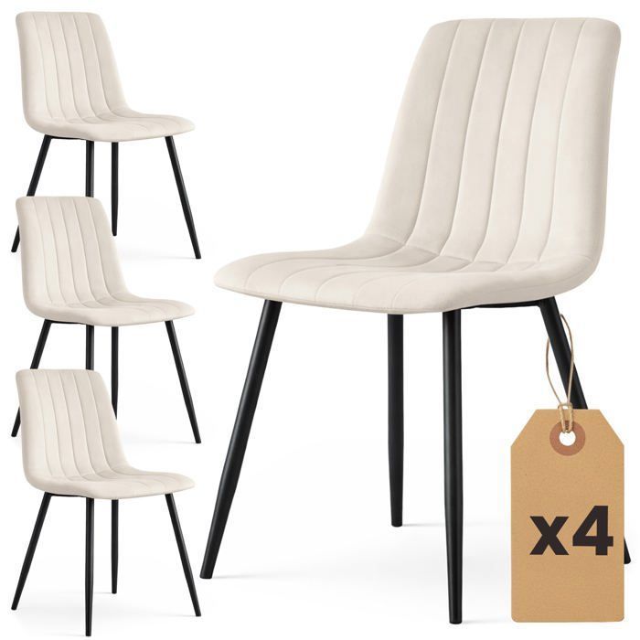 Lot de 4 Chaises en velours matelassées LIVO Beige pieds noirs