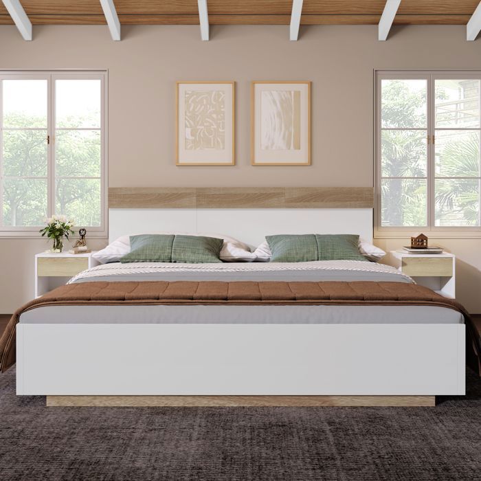 Lit Double 160x200 cm - Blanc et Chêne - avec Sommier à Lattes - Lit Flottant en Bois - sans Matelas Lit Double 160x200 cm - Blanc et Chêne - avec Sommier à Lattes - Lit Flottant en Bois - sans Matelas