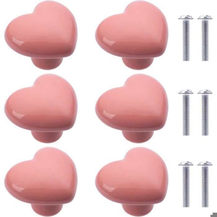 6Pcs Boutons de Placard en Céramique Boutons de Tiroir de Placard en Céramique en Forme de Cœur Poignées Rose ro POIGNEE DE MEUBLE