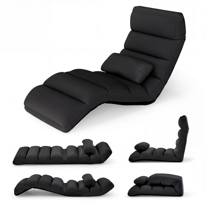 Chaise Paresseuse COSTWAY avec Oreiller Dossier 90°-180° Fauteuil au Sol Pliable en Surface Suède 175 x 55 x 20CM Noir