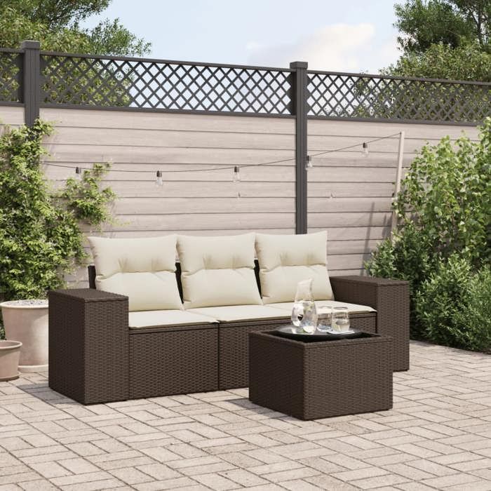 NEW 2026 Salon de jardin lot de 4 Meuble pour 3 personnes avec coussins marron résine tressée 55x62x69 cm S2532