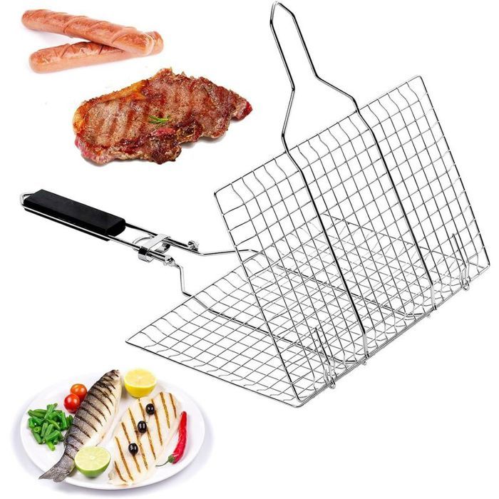 1 panier grille de barbecue en acier inoxydable avec poignée bois pour poisson et légumes idéal pique-nique et camping .
