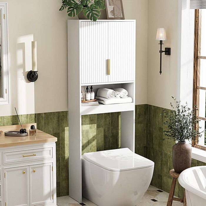 Meuble WC avec armoires de rangement - ALIGHTUP - meuble machine à laver 60.5 x 25 x 173 cm Blanc