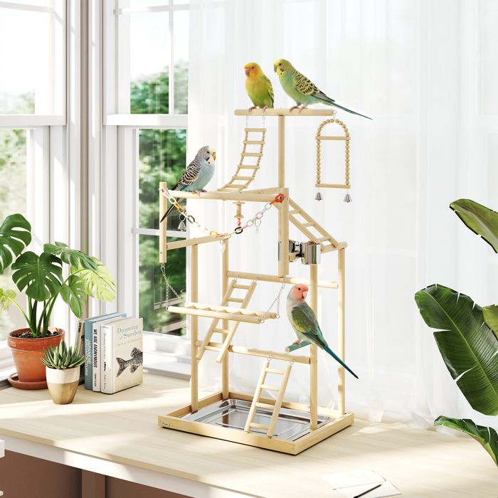 Aire de jeux pour oiseaux terrain de jeu pour perroquet échelles jouet à chaîne plateau 48x38x95cm bois naturel