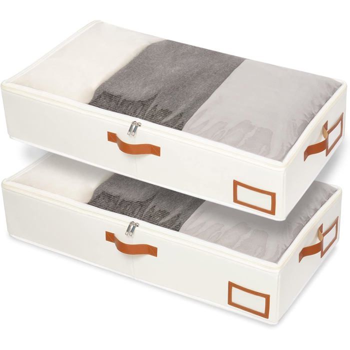 Bacs de rangement sous le lit - LEVYS - 2 pièces - 80x40x15 cm - Beige - Fenêtre transparente - Fermeture éclair