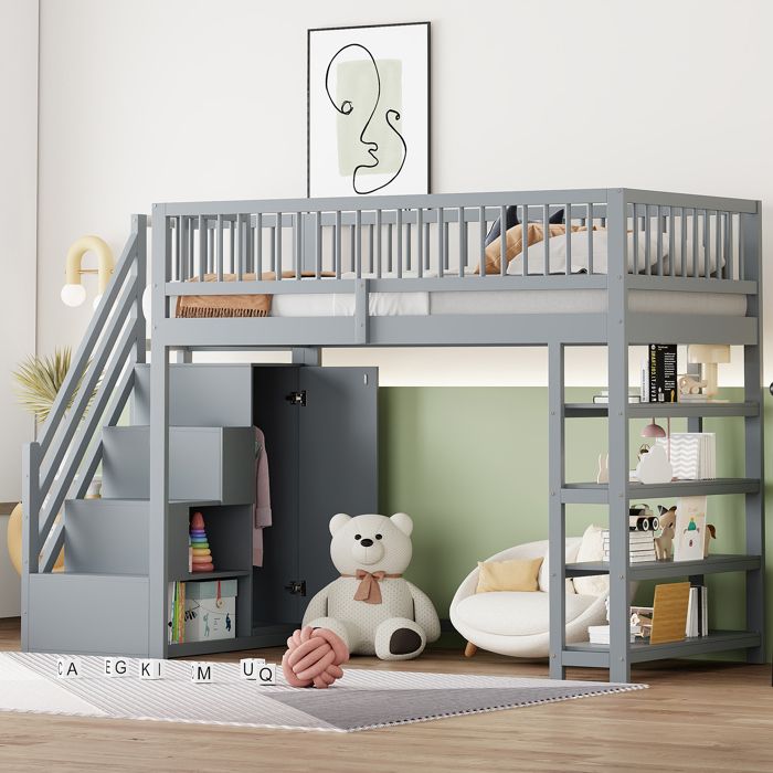 Lit mezzanine 90×200 cm rangement armoire étagères et échelle de sécurité - BEAUNIV - sans matelas bois gris
