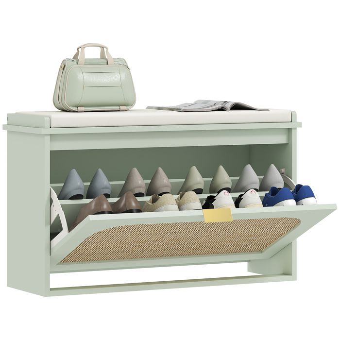 Banc à chaussures - HOMCOM - assise rembourrée et tiroir rabattable - MDF et panneau de particules - 80 x 26 x 475 cm - vert