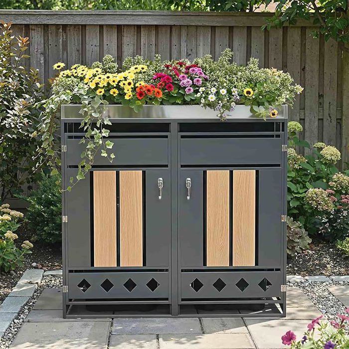Meuble Rangement Extérieur Gris – Armoire Poubelle avec Espace Jardinage Serrure et 2 Portes – Idéal Jardin Co COFFRE DEXTERIEUR