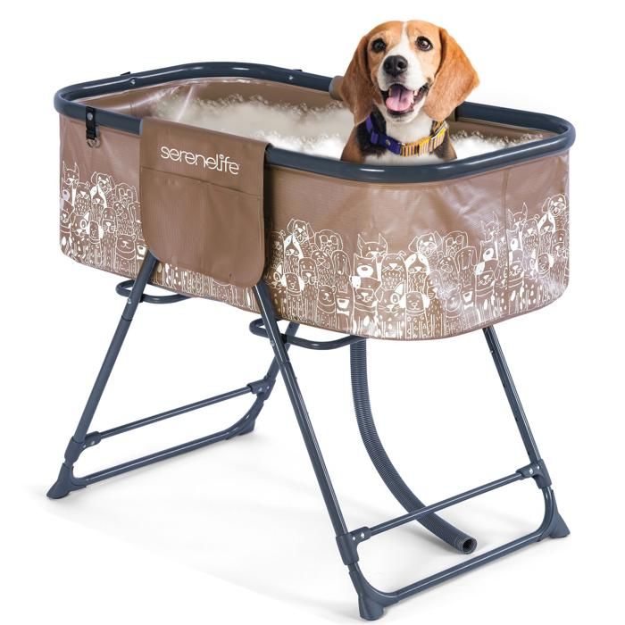 Baignoire Pliable pour Chiens - SereneLife - Hauteur Réglable - Station de Toilettage avec Drainage - Beige