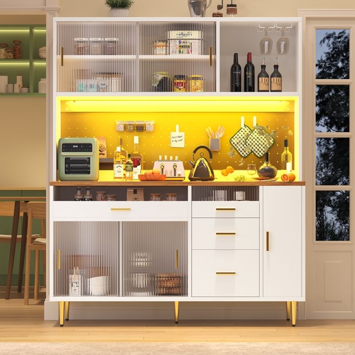 Armoire de Cuisine Buffet Haute Meuble de Rangement avec éclairage LED et étagères Murales Perforées Vaisselier 145×39×171cm Blanc
