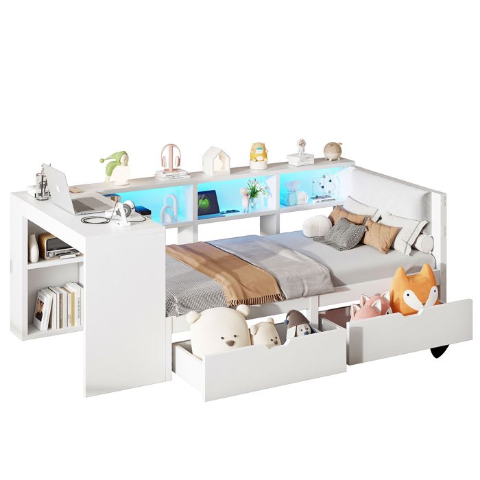 VLIVRA Lit Banquette Lit Simple 2 Tiroirs USB LED Réglable et Étagères 90×200 cm sans Matelas - Blanc