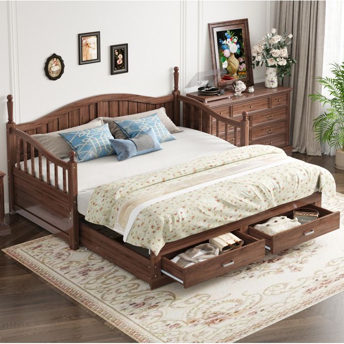 Lit gigogne extensible Simple 90×190 et 180×190 cm 2 tiroirs - YEAVIO - sans matelas bois noyer naturel