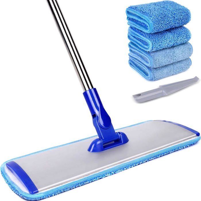 Balai-serpillère professionnel en microfibre de 45 cm avec 4 lingettes réutilisables - Nettoyage efficace des sols en bois vinyle e