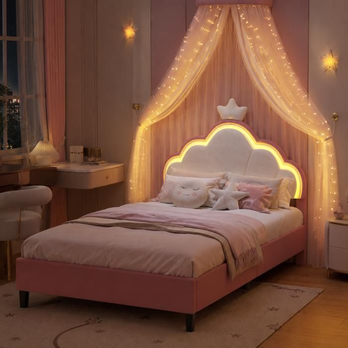 Lit enfant 90x200 cm avec LED multicoloreLit princesse en velours rose et blancLit couronne avec tête de lit réglablesans matelas