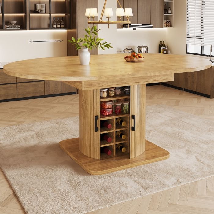 Table à Manger Extensible Table de Cuisine avec étagères Amovibles Table Ronde 118-158×118x76cm Extensible en Ovale Brun Naturel