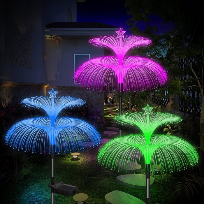 Lot de 3 lampes solaires de jardin - Modèle double méduse à sept couleurs changeantes éclairage à fibre optique douille de sol