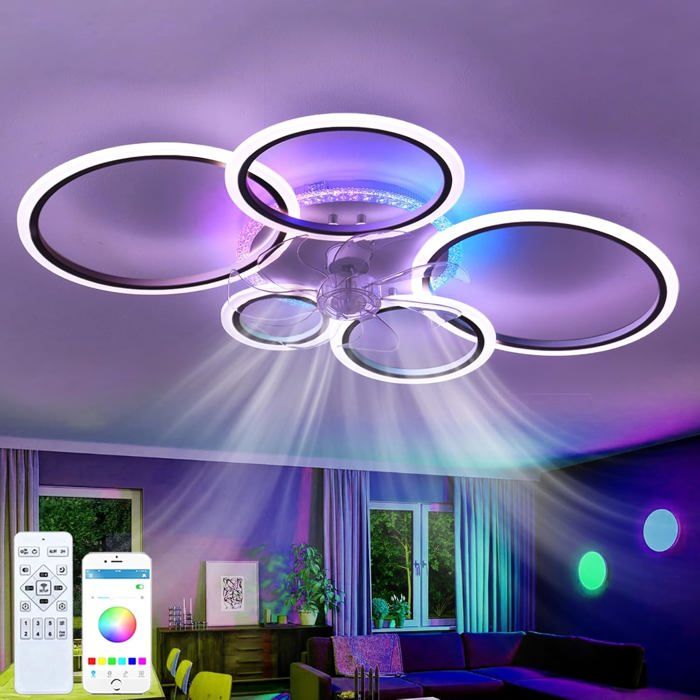 RGB Ventilateur Plafond Avec Lumiere LED Dimmable Télécommande Réversible 6 Vitesses Timing Lustre Ventilateur Salon Φ95Cm Noir