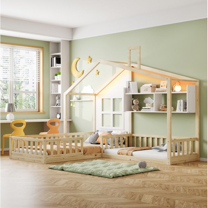 Lit cabane enfant 2 places 90×200 cm et 140×70 cm LED étagères et barrières - TCQPZ - sans matelas bois naturel