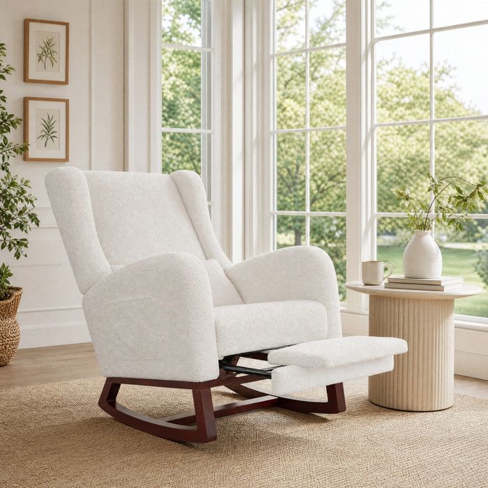 Fauteuil à bascule EZSSW tissu Teddy  repose-pieds extensible coussin lombaire et poche latérale blanc