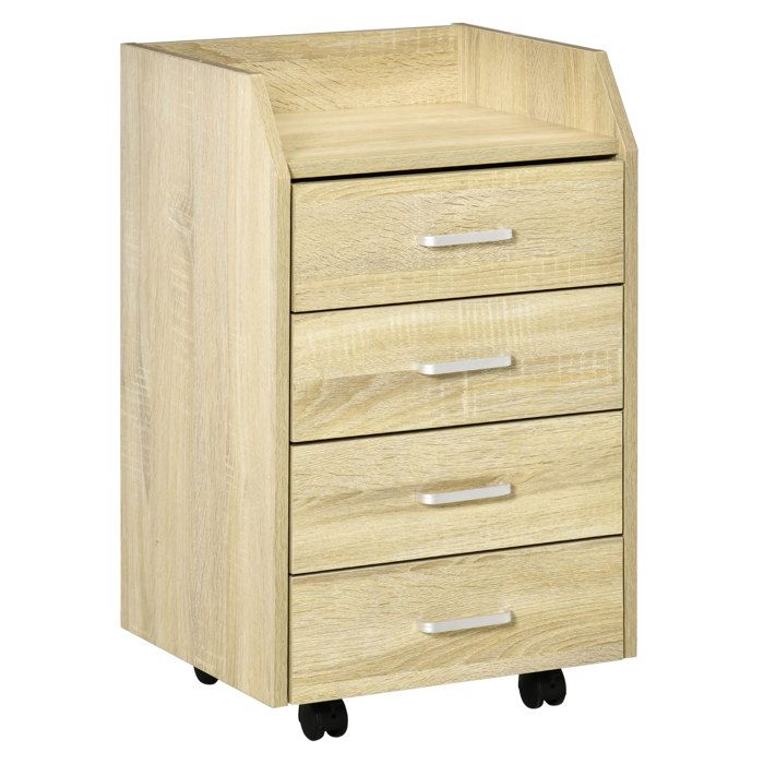 Caisson de bureau rangement sur roulettes 4 tiroirs coulissants MDF et panneaux de particules dim. 40L x 36l x 65H cm naturel