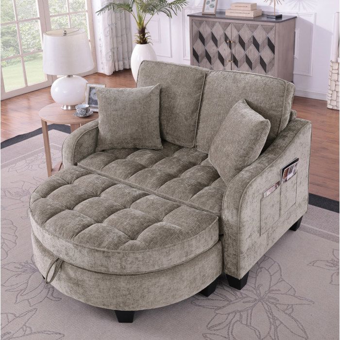 Canapé convertible 2-en-1 marron avec pouf de rangement tissu chenille respirant et bois d’eucalyptus 132x129x93 cm
