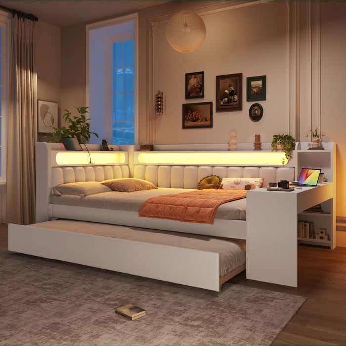 HOMVRA Lit Adulte 140x200 cm Lit Banquette avec Ports USB et LED avec Lit Gigogne et Bureau Lin Blanc Sans Matelas