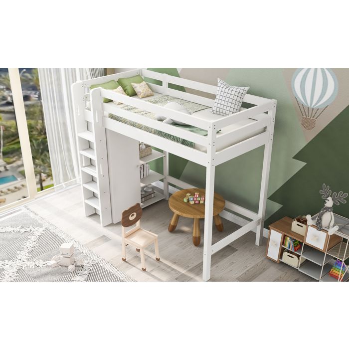 HOMVRA Lit mezzanine enfant 90 x 200 cm avec armoire 6 étagères et échelle intégrée blanc