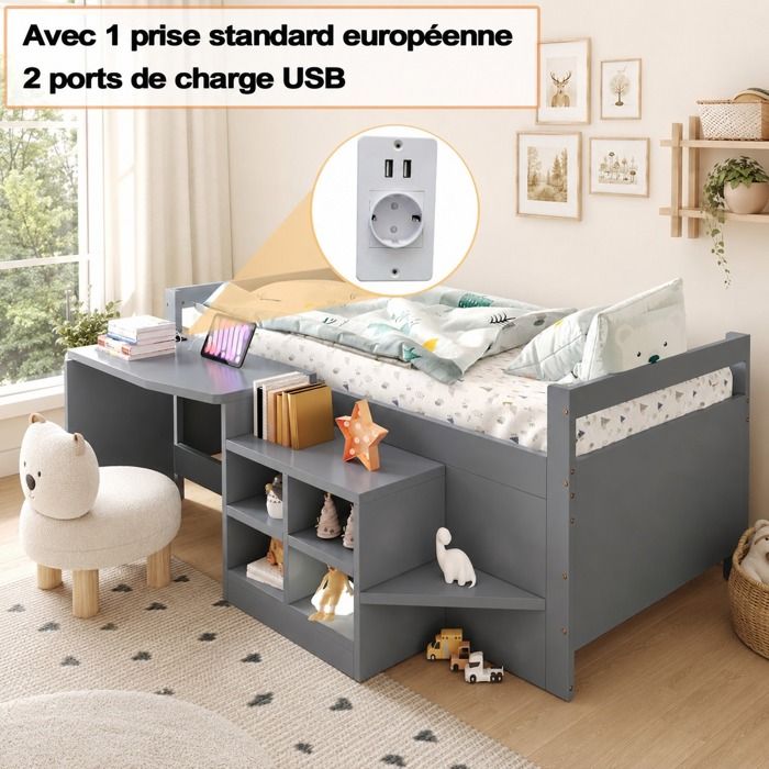 Lit combiné enfant 90x200cm lit simple - avec bureau et rangement 2 ports USB + prise électrique - Gris