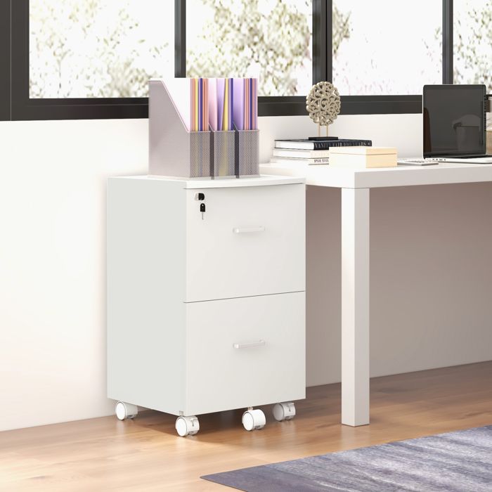 Caisson de bureau 2 tiroirs et 5 roulettes classeur en MDF et aggloméré 43 x 45 x 72 cm blanc