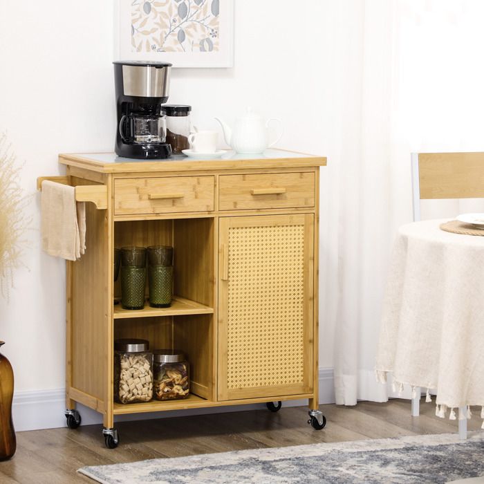 Desserte de cuisine EVRYAE 84 x 36 x 85 cm en bambou avec plan de travail en verre 2 tiroirs et placard