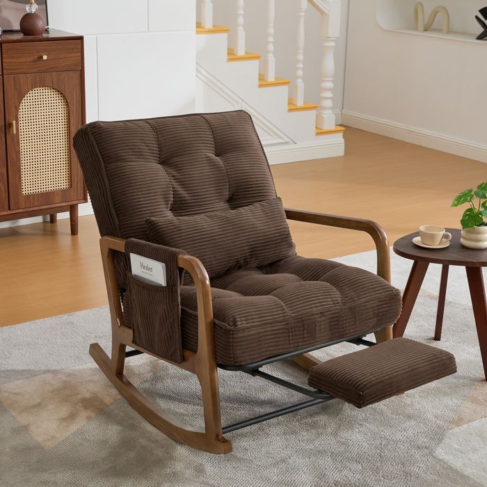 Fauteuil à Bascule 70x80x92 cm - Repose-pieds Intégré - Poche latérale avec Velcro - Velours Côtelé Brun