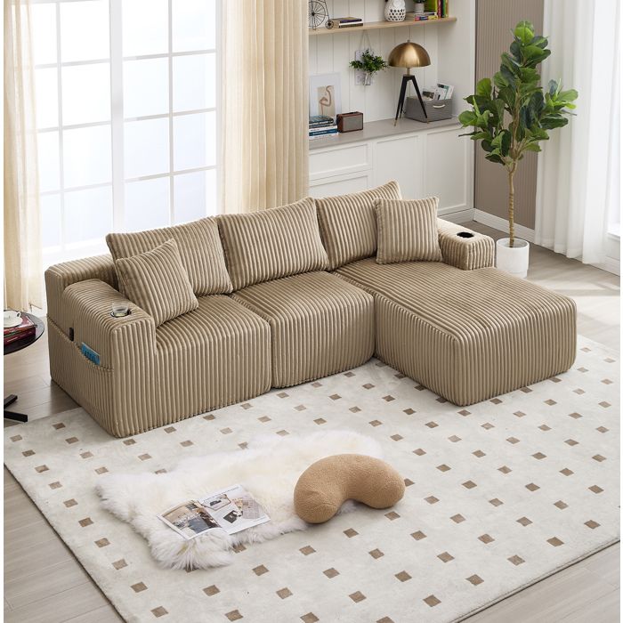 COVREO canapé modulable 3 places avec méridienne 257 x 160 cm velours côtelé kaki 5 coussins