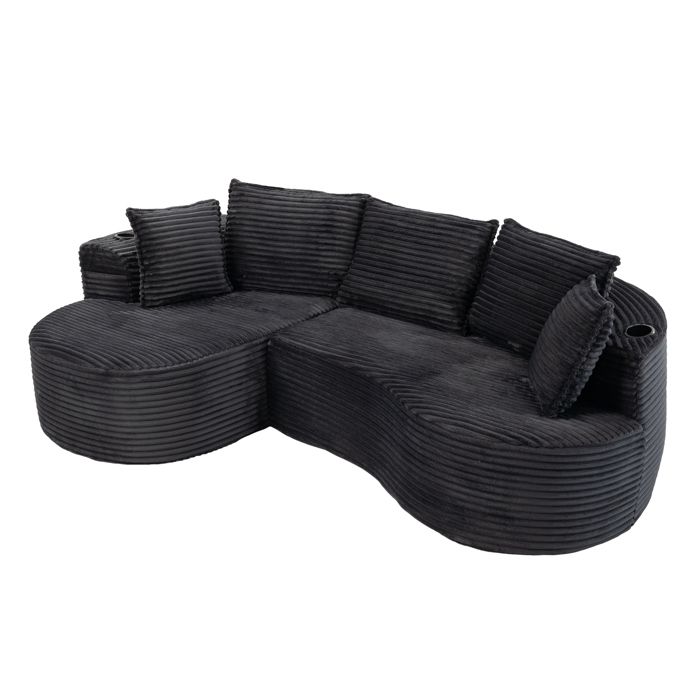 COVREO canapé 3 places arrondi 250 x 152 x 82 cm tissu côtelé gris foncé avec porte-gobelets et poche latérale