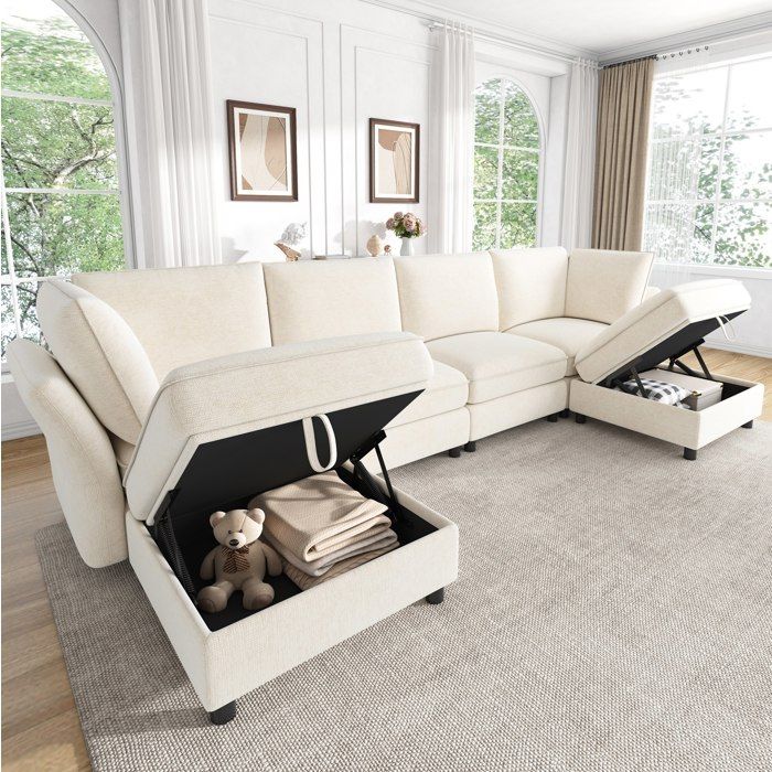 Canapé dangle modulable en U/L EVRYAE 289 x 137 x 84 cm 6 places avec 2 poufs de rangement chenille beige