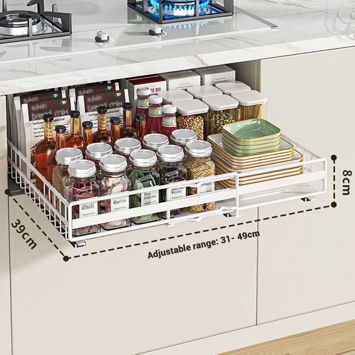 Étagère de rangement pour armoire – Tiroir coulissant en acier – Largeur réglable de 31 à 49 cm – Fixation adhésive – Blanc