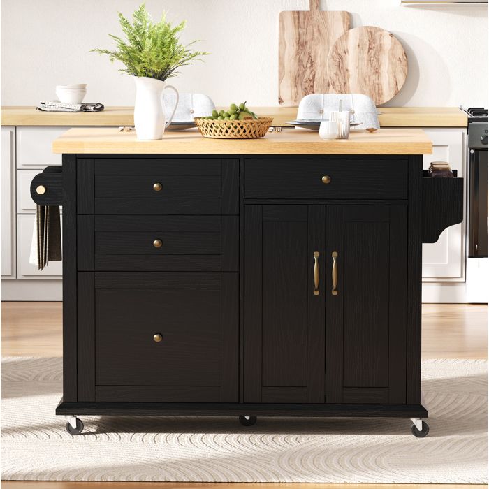 Desserte de cuisine îlot central mobile avec plateau extensible 4 tiroirs 2 portes MDF noir aspect bois Grjofek