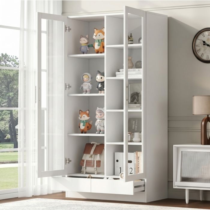Armoire De Bureau Vitree Blanche Meuble De Rangement FloraGrace Pour Bureau Ou Salon Anti-Basculement 80x40x160cm