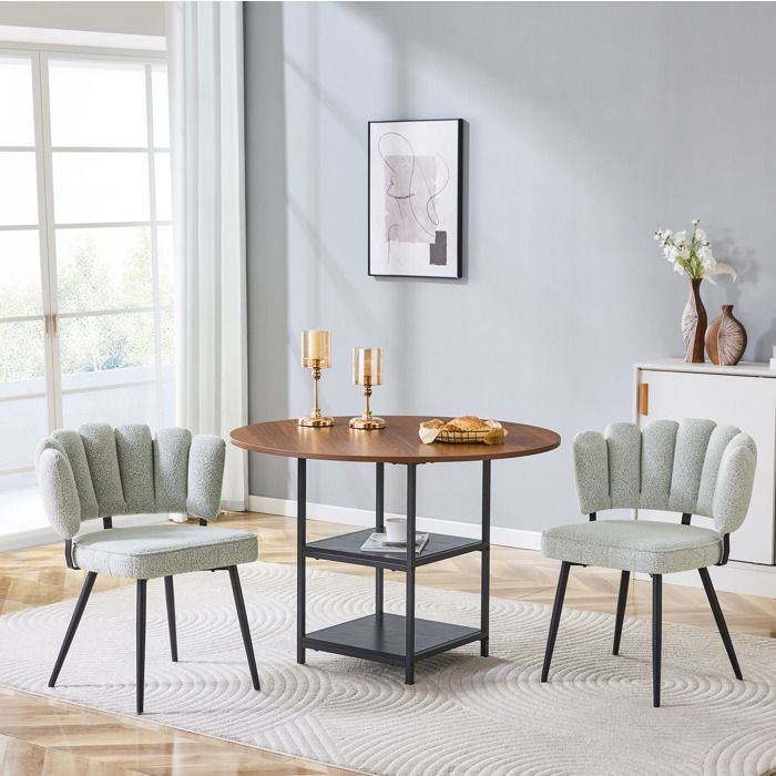 WUVRIE Ensemble table a manger ronde 107 cm avec 2 chaises aspect noyer 2 etageres ouvertes tissu boucle