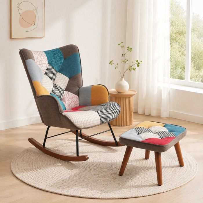Rocking-chair avec repose-pieds fauteuil de relaxation avec dossier haut et accoudoirs en tissu patchwork multicolore