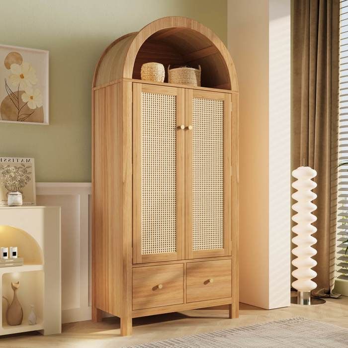 Armoire de rangement en rotin tressé 181 x 78 x 45 cm avec 2 tiroirs 2 portes étagère ouverte dispositif anti-basculement Chêne