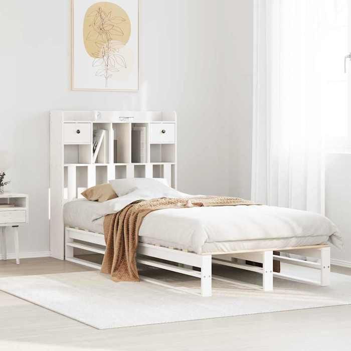 vidaXL Lit bibliothèque blanc 90x200 cm pin massif sans matelas espace de rangement intégré cadre une place fonctionnel et élégant